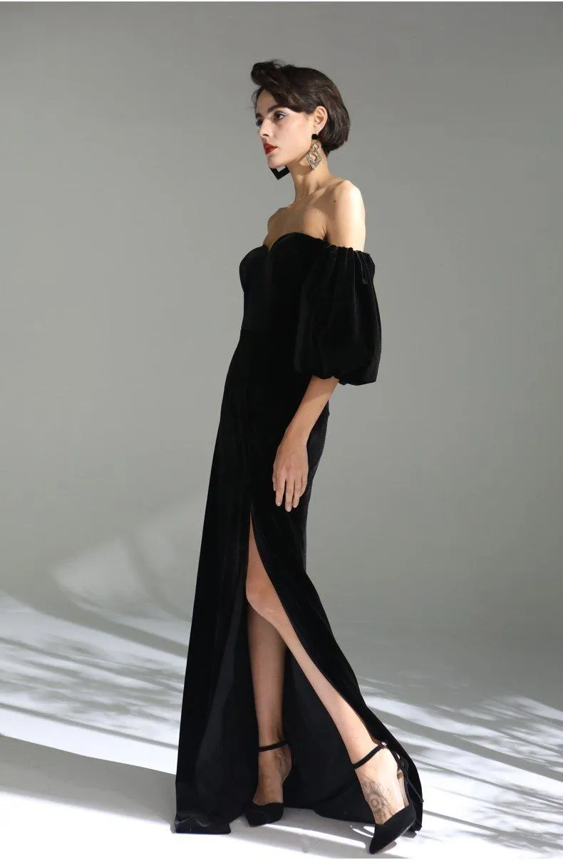 Elegant Black simple long slit sweetheart neckline of shoulder bubble sleeve velvet evening dress - Sikia