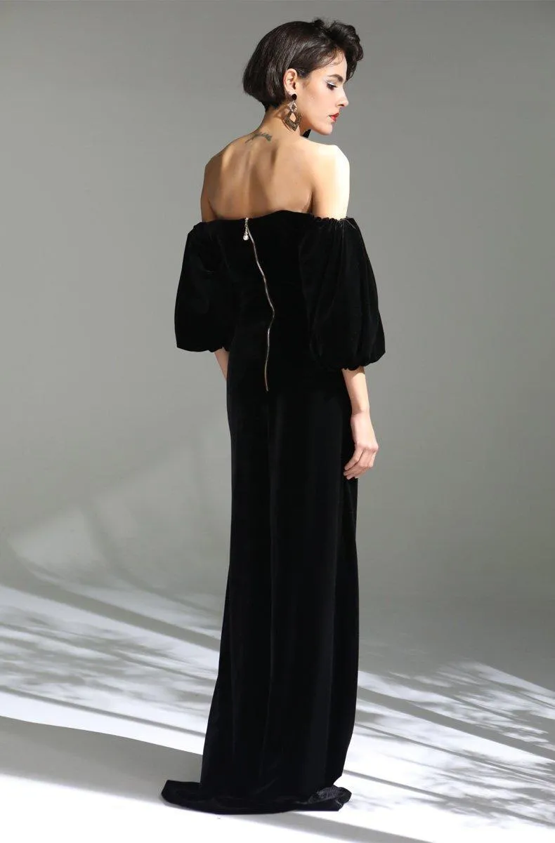 Elegant Black simple long slit sweetheart neckline of shoulder bubble sleeve velvet evening dress - Sikia