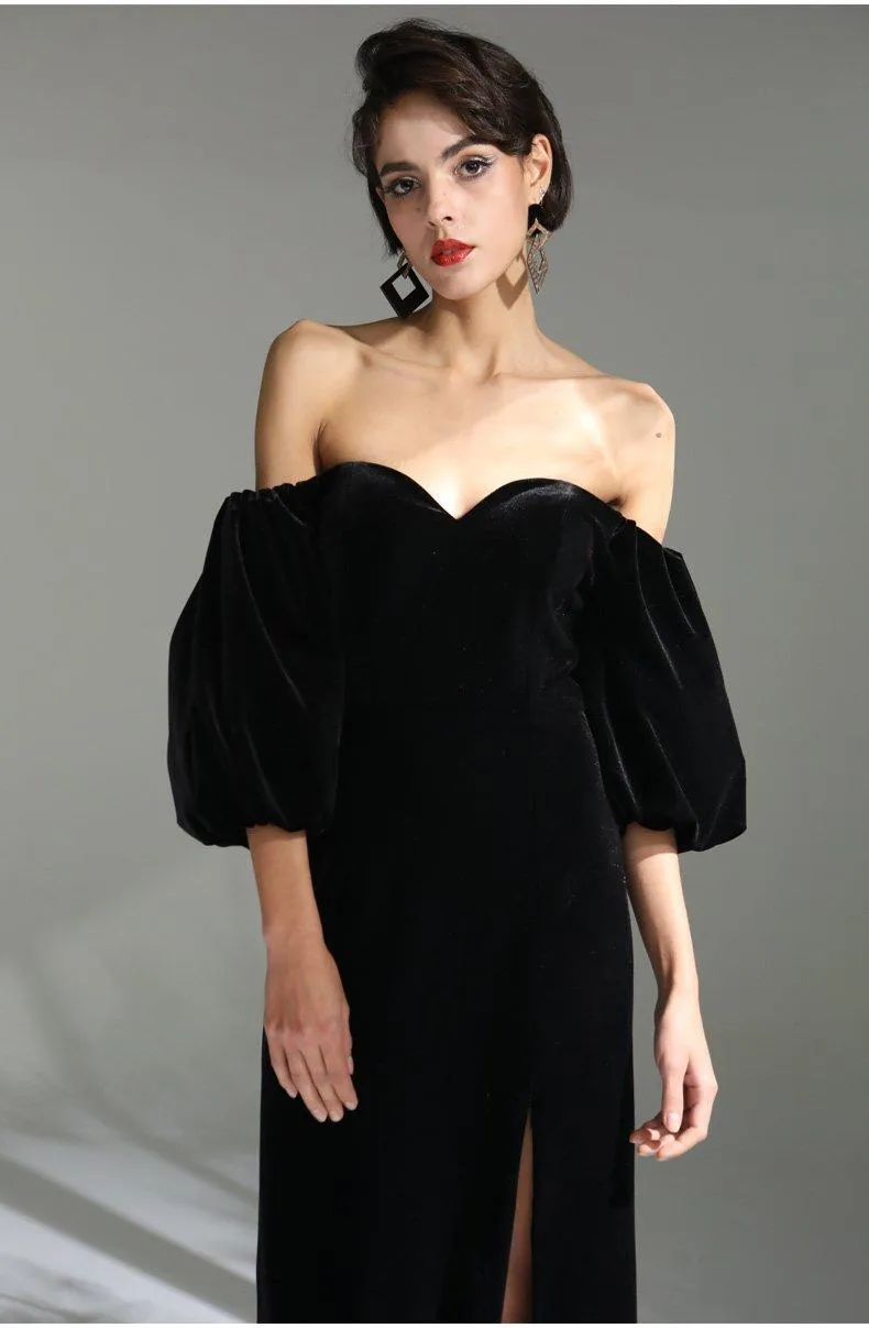 Elegant Black simple long slit sweetheart neckline of shoulder bubble sleeve velvet evening dress - Sikia