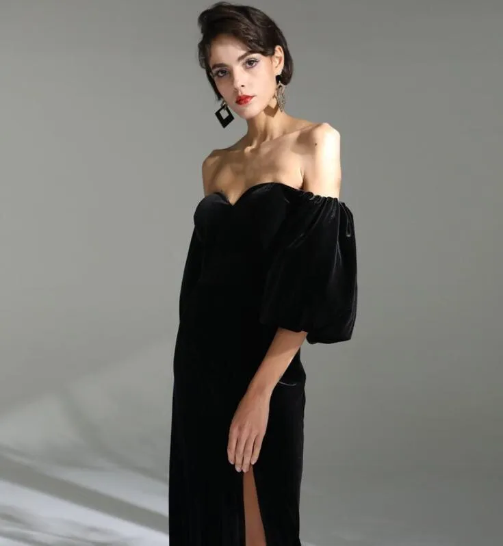 Elegant Black simple long slit sweetheart neckline of shoulder bubble sleeve velvet evening dress - Sikia