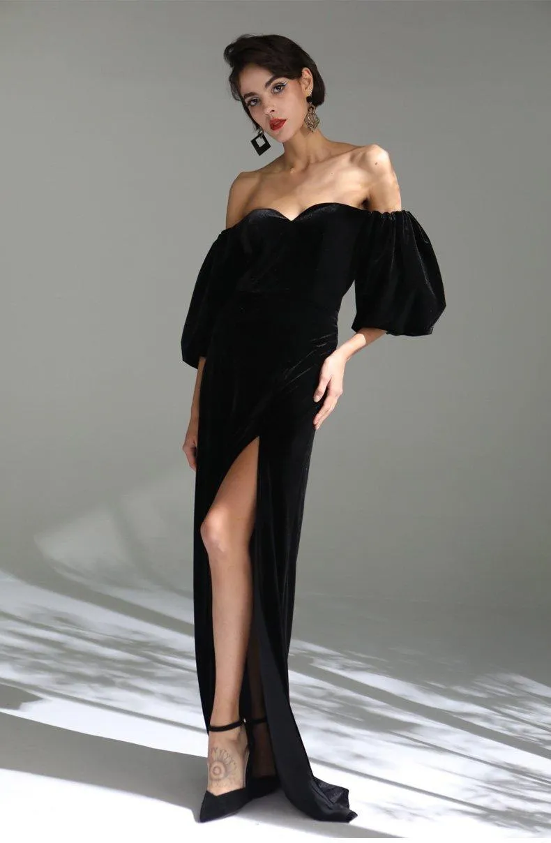 Elegant Black simple long slit sweetheart neckline of shoulder bubble sleeve velvet evening dress - Sikia