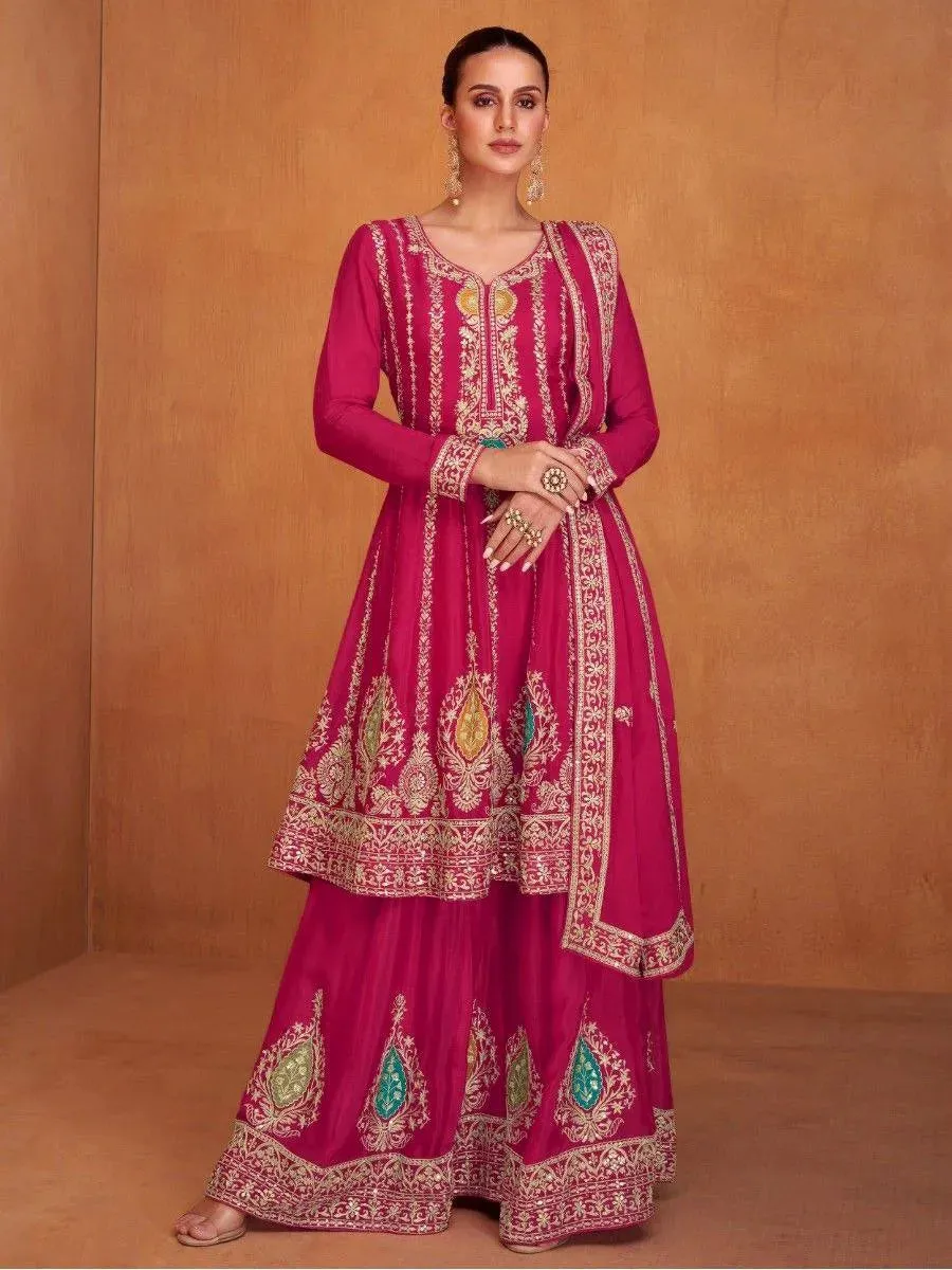 Fabulous Dark pink Chinon Embroidered Palazzo Suit