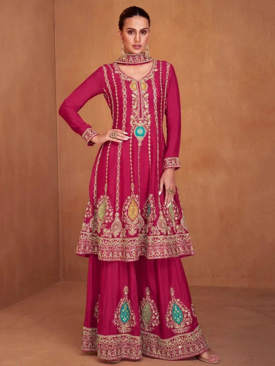 Fabulous Dark pink Chinon Embroidered Palazzo Suit