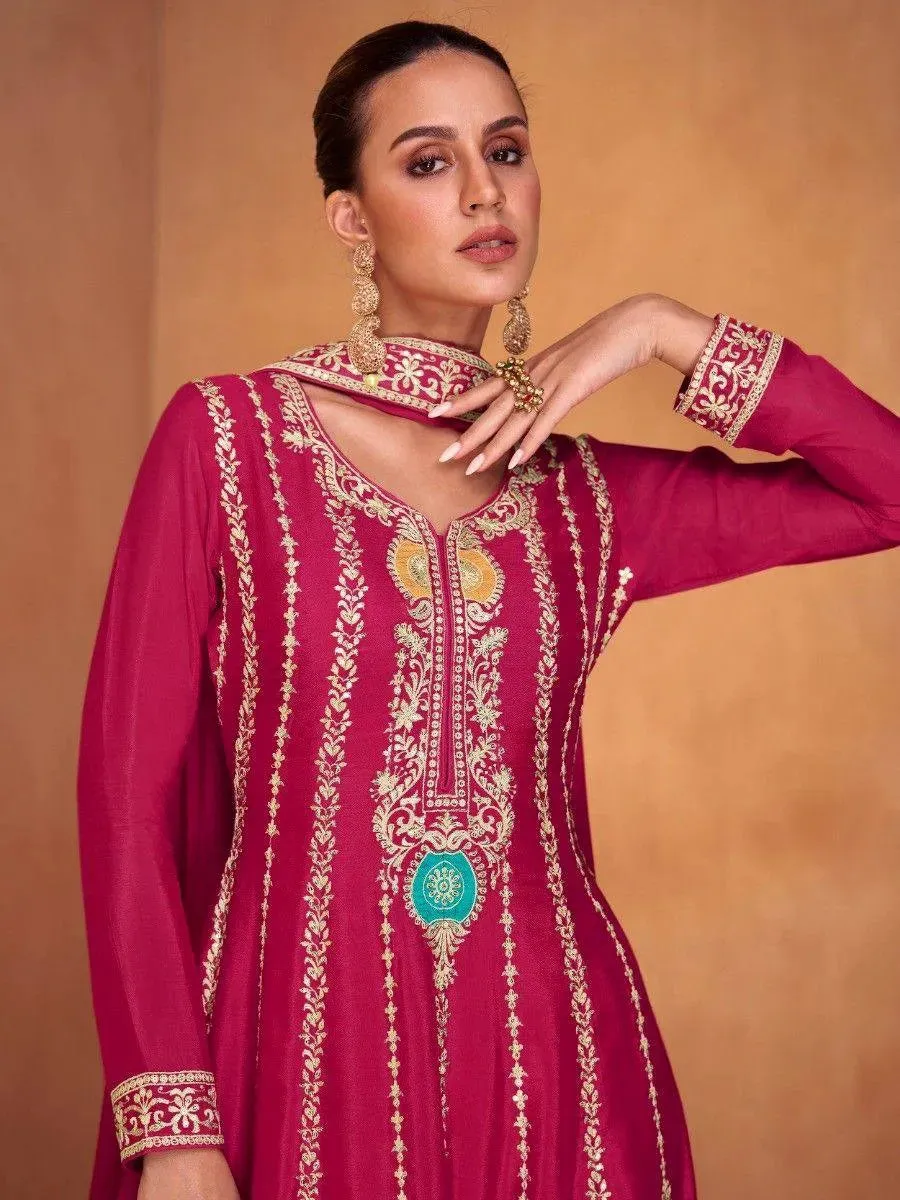 Fabulous Dark pink Chinon Embroidered Palazzo Suit