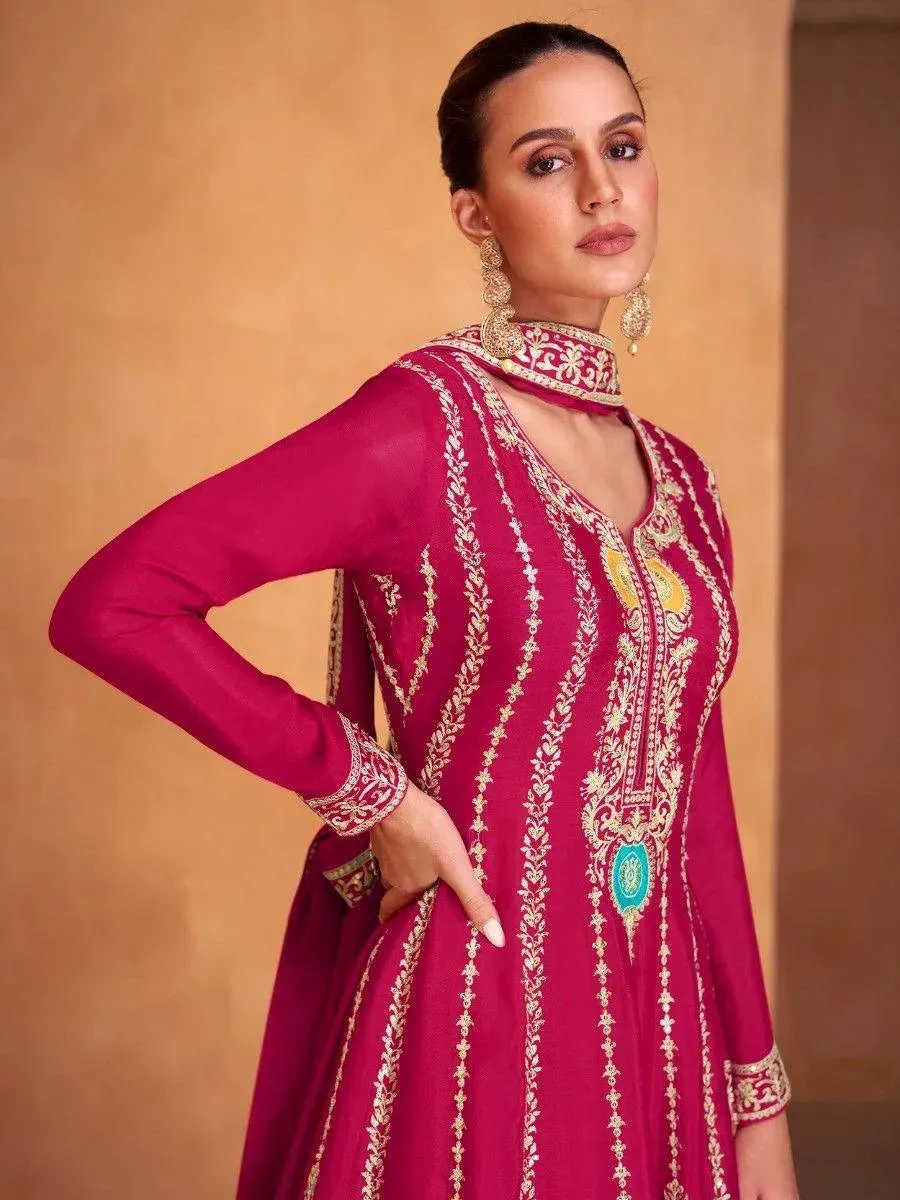 Fabulous Dark pink Chinon Embroidered Palazzo Suit