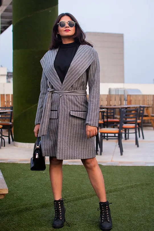 Freya Grey Herringbone Wool Wrap Overcoat