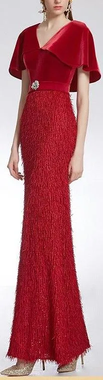 Fringed Flutter-Sleeve Gown, Red