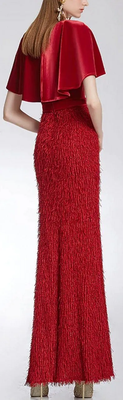 Fringed Flutter-Sleeve Gown, Red