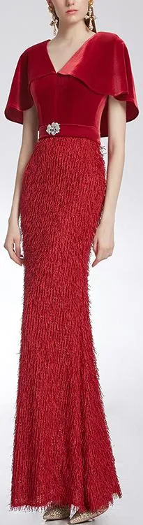 Fringed Flutter-Sleeve Gown, Red