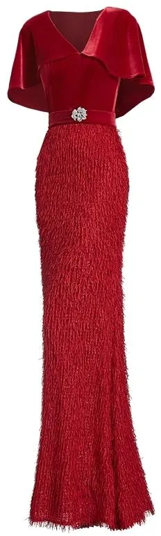 Fringed Flutter-Sleeve Gown, Red