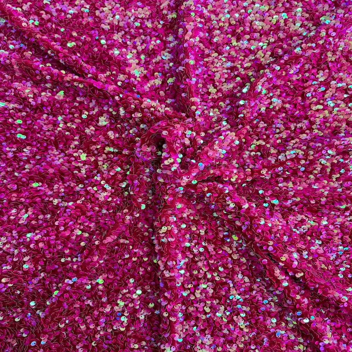 Fuchsia Iridescent Sequins Embroidered Stretch Velvet Rodeo Fabric