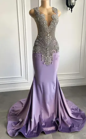 G4587 -  Chic& Modern Mermaid Sleeveless Crystal Purple Velvet Court Train Party Prom Dress