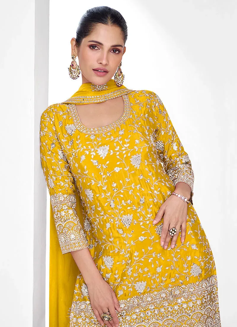 Glowing Yellow Traditional Embroidered Palazzo Suit