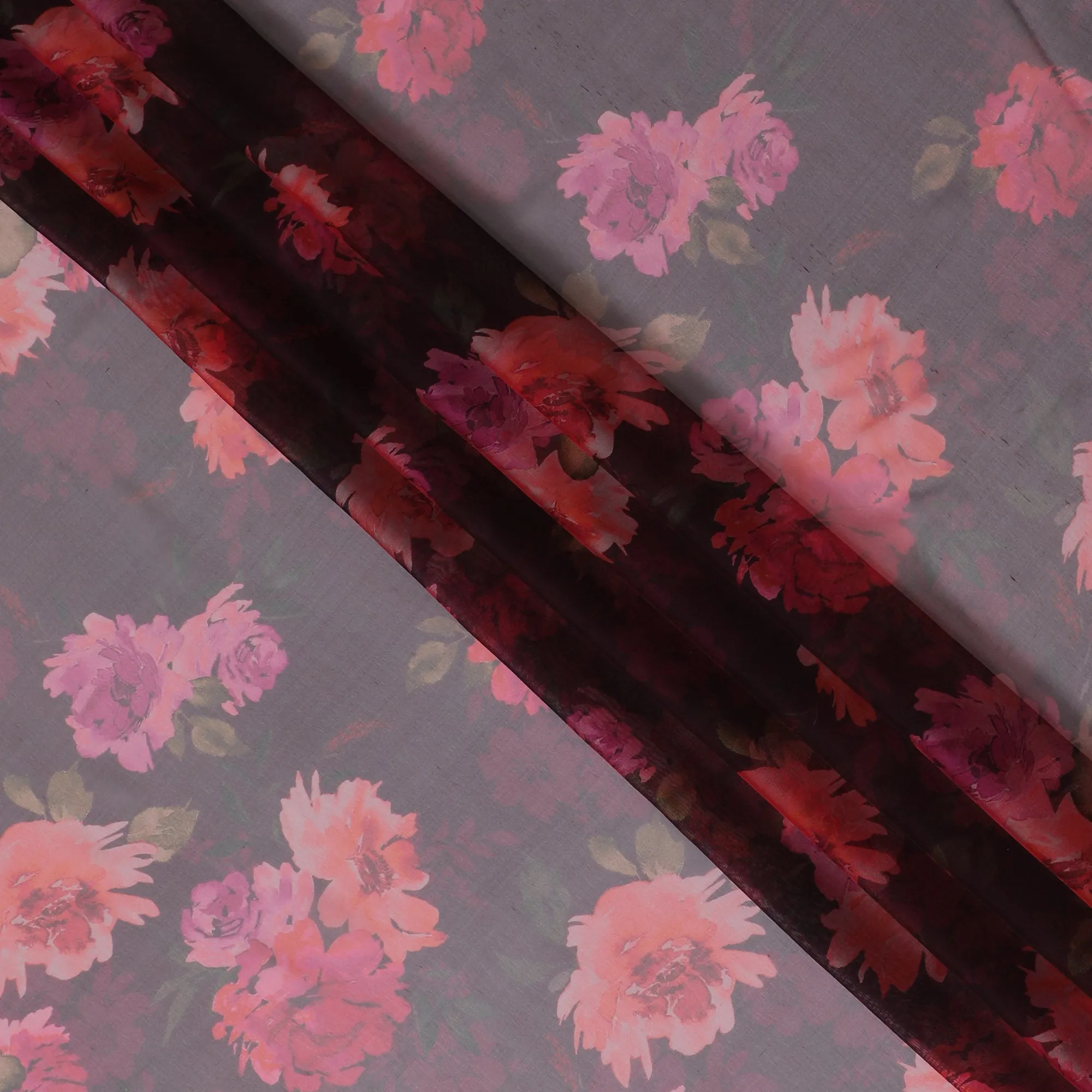 Gray and Pink Floral Pure Silk Chiffon Fabric, 110 cms, South Korea-D19880