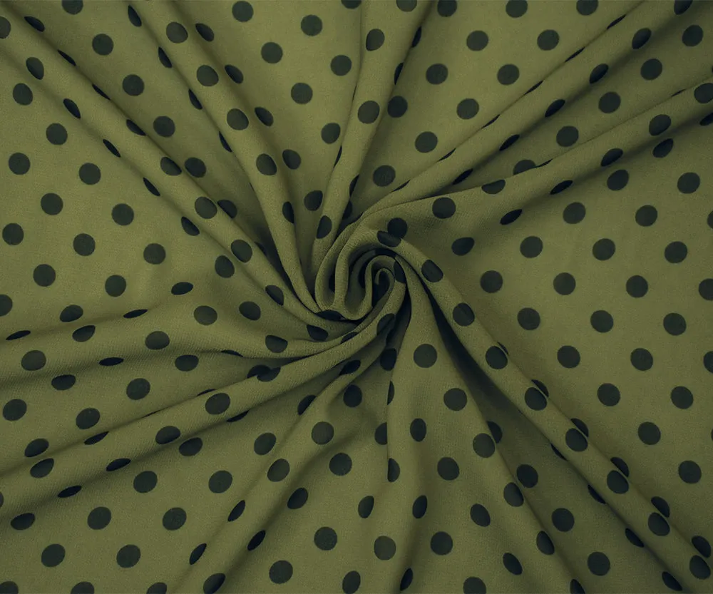 Green-Black Polka Dots Printed Poly Chiffon Woven Fabric