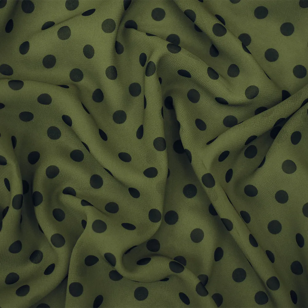 Green-Black Polka Dots Printed Poly Chiffon Woven Fabric