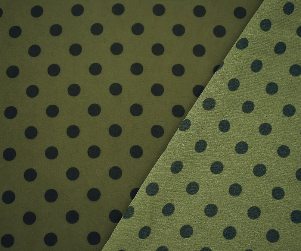 Green-Black Polka Dots Printed Poly Chiffon Woven Fabric