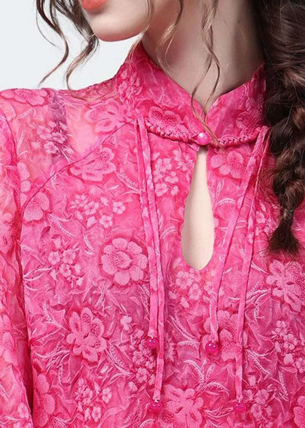 Handmade Rose Stand Collar Print Patchwork Chiffon Blouses Spring LY4629