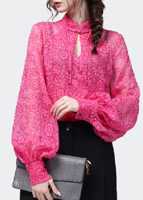 Handmade Rose Stand Collar Print Patchwork Chiffon Blouses Spring LY4629