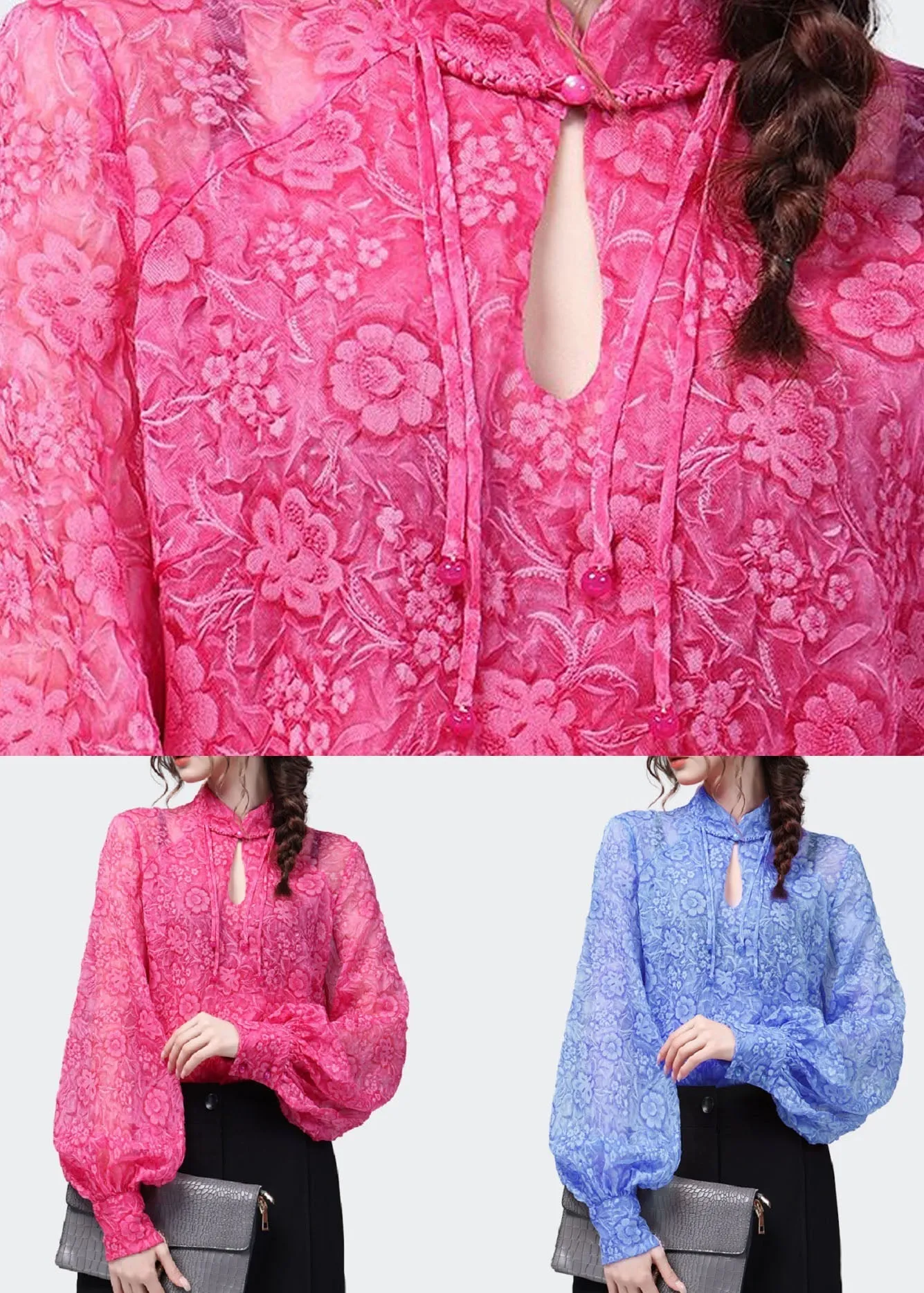 Handmade Rose Stand Collar Print Patchwork Chiffon Blouses Spring LY4629