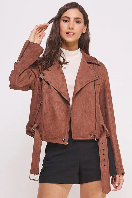 Highway Honey BELTED LONG SLEEVE SUEDE MOTO JACKET