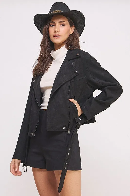 Highway Honey BELTED LONG SLEEVE SUEDE MOTO JACKET