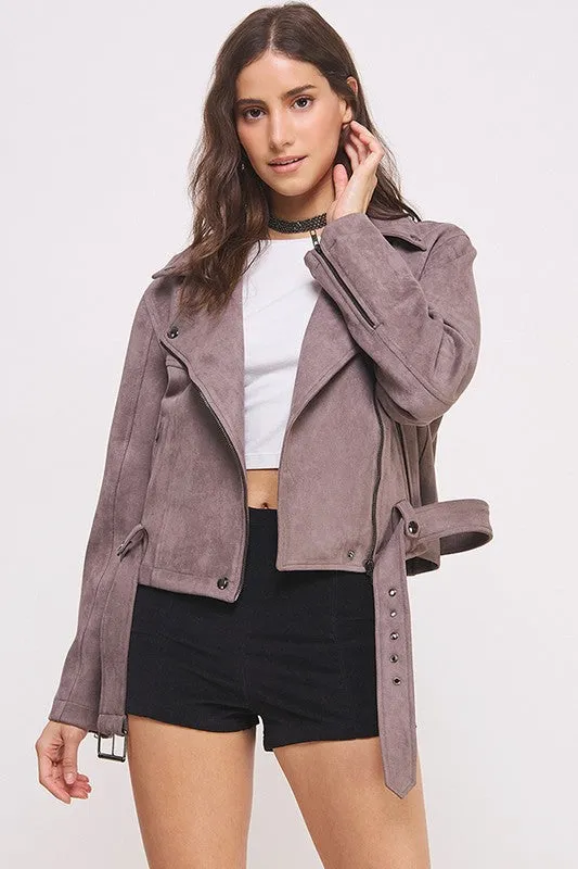 Highway Honey BELTED LONG SLEEVE SUEDE MOTO JACKET