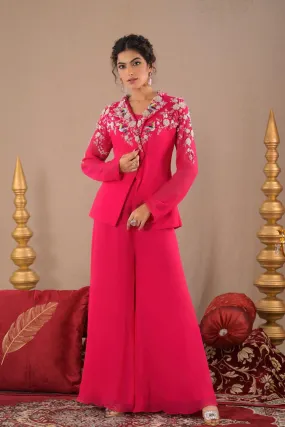 Hot Pink Embroidered Georgette Silk Jacket & Palazzo Set