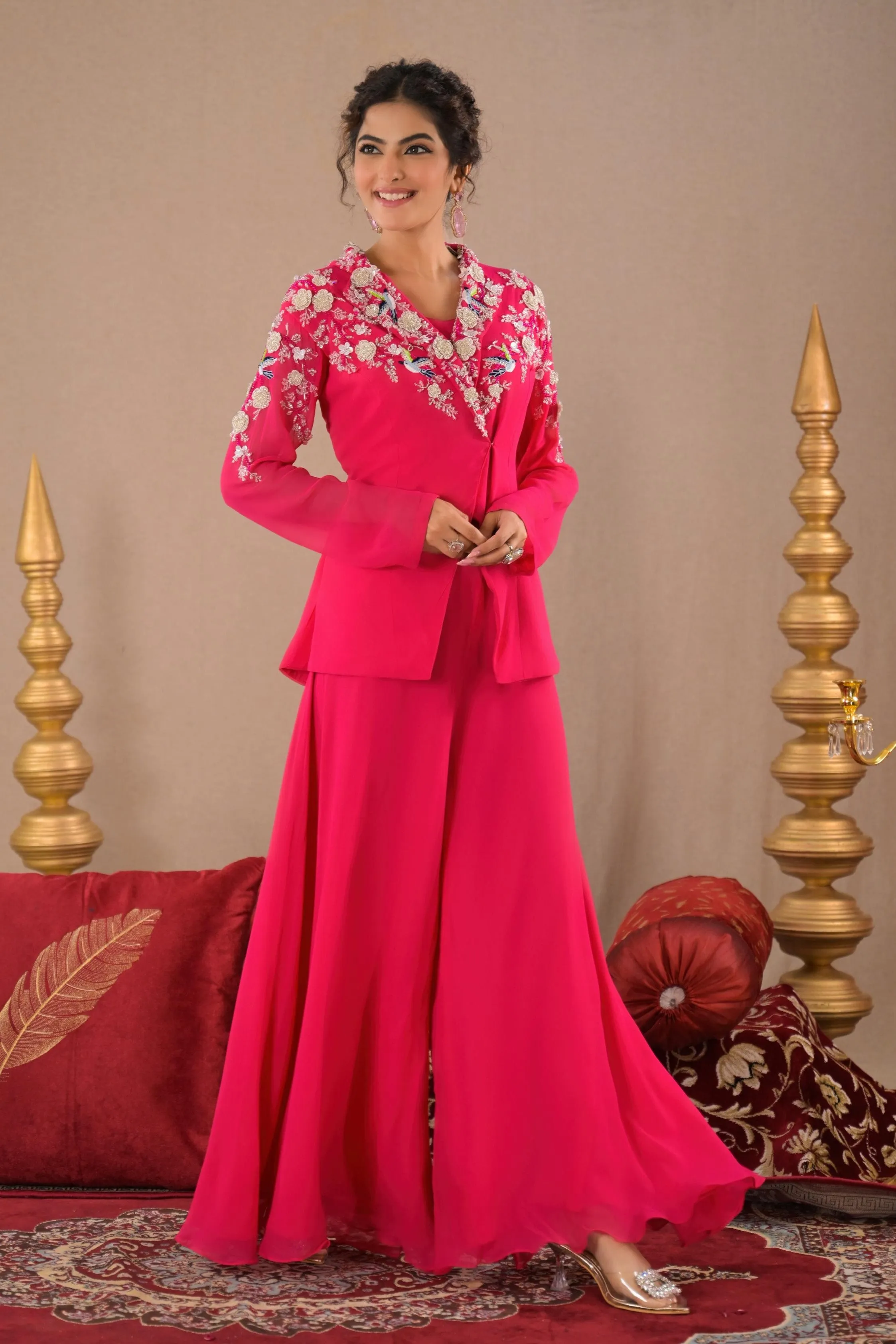 Hot Pink Embroidered Georgette Silk Jacket & Palazzo Set