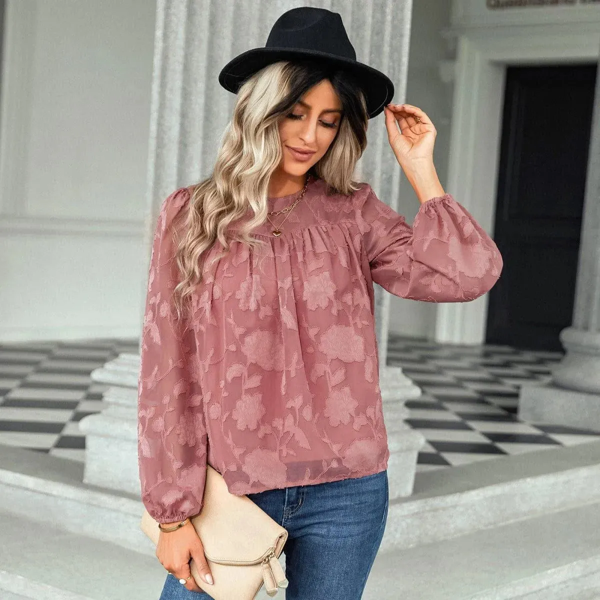 Jacquard Long Sleeve Chiffon Blouse