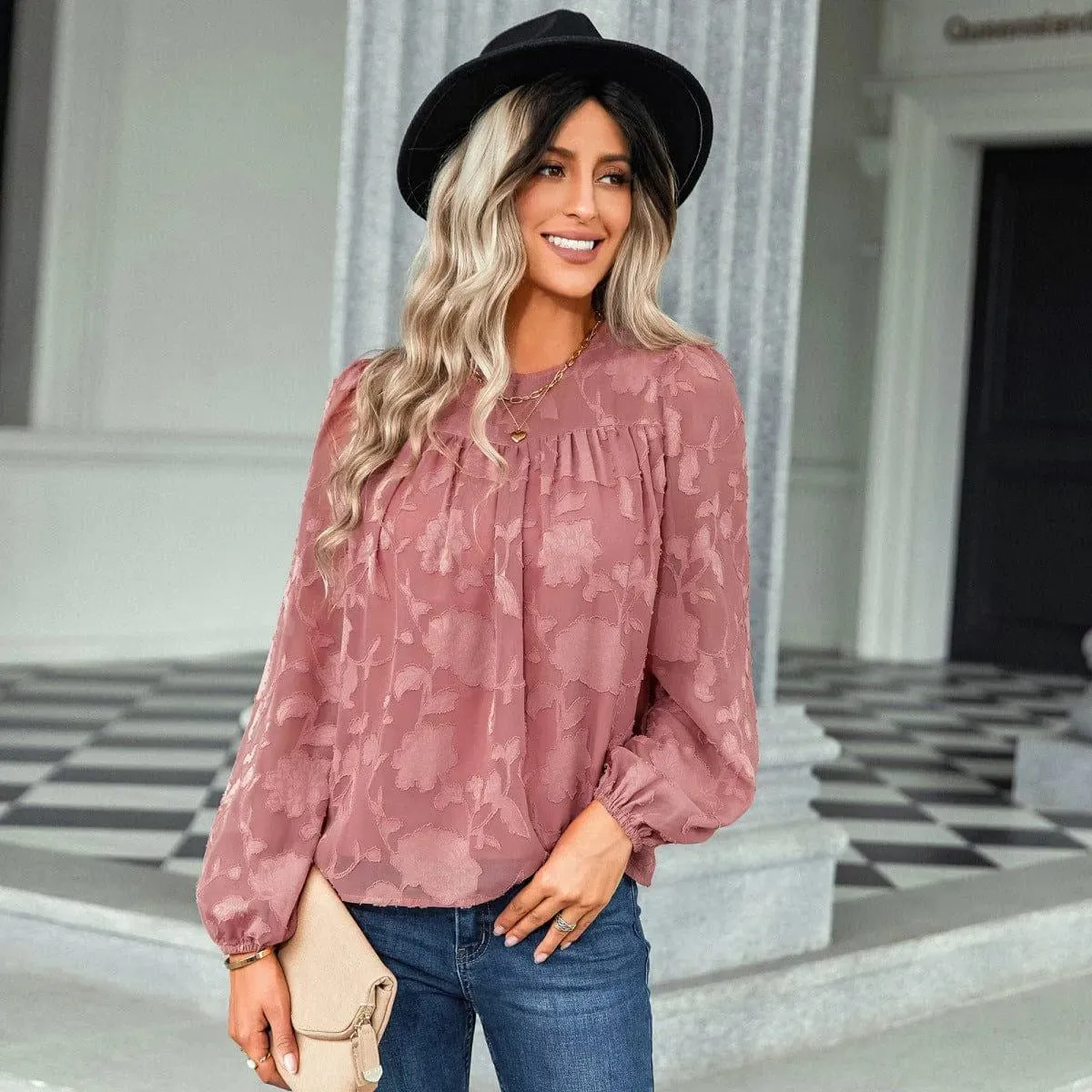 Jacquard Long Sleeve Chiffon Blouse