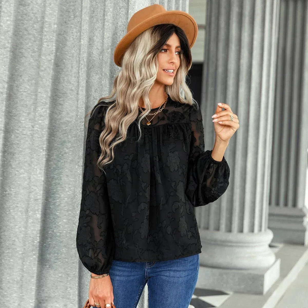 Jacquard Long Sleeve Chiffon Blouse