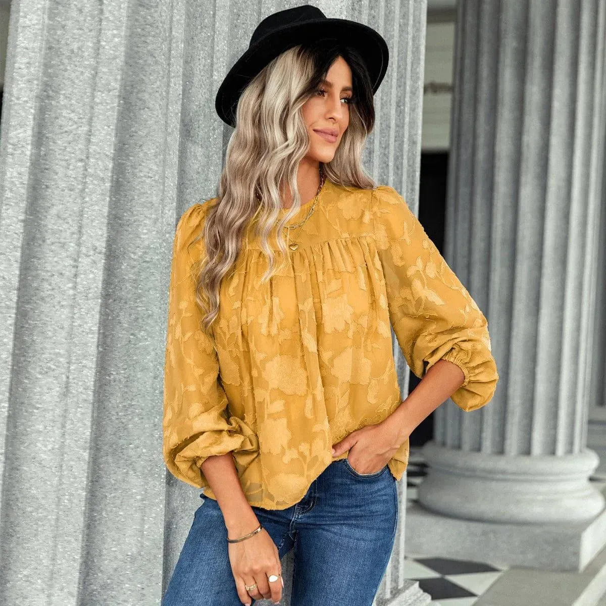 Jacquard Long Sleeve Chiffon Blouse