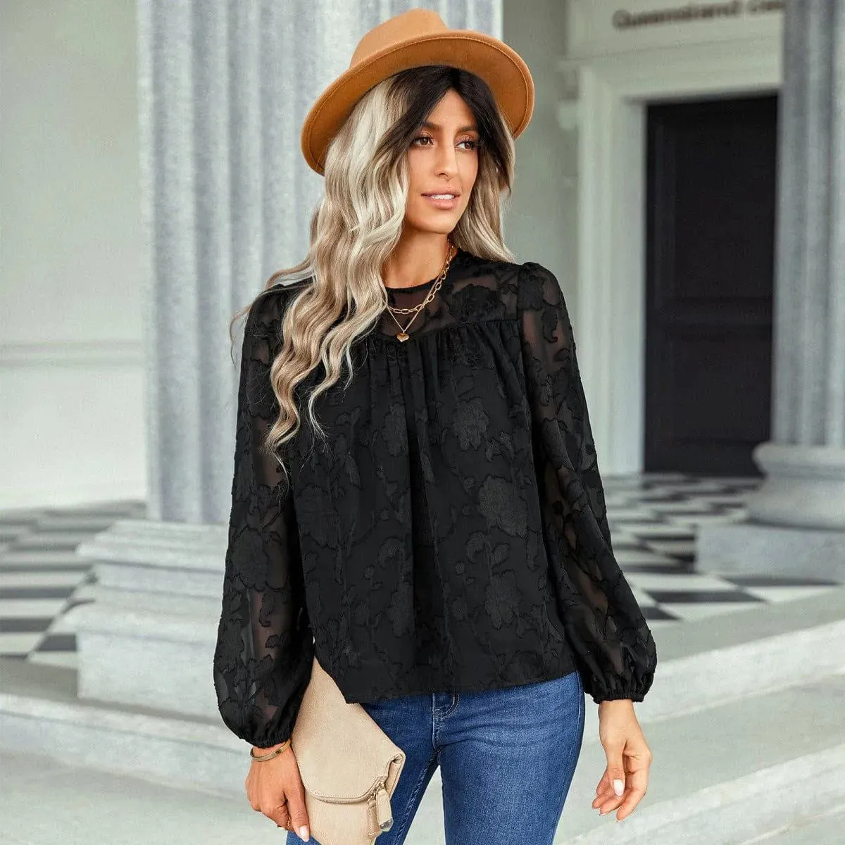 Jacquard Long Sleeve Chiffon Blouse