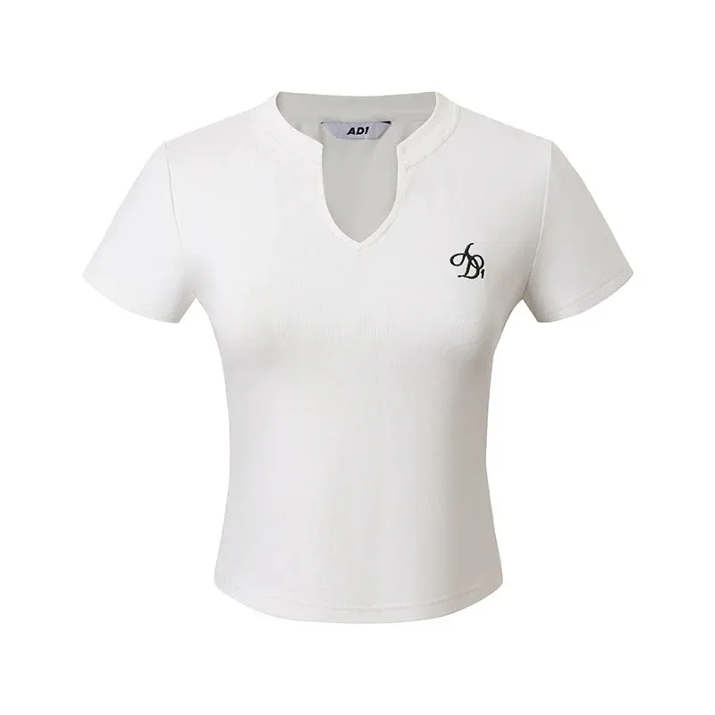 Keyhole Neckline Fitted Tee: Short Sleeve Logo Embroidered Top