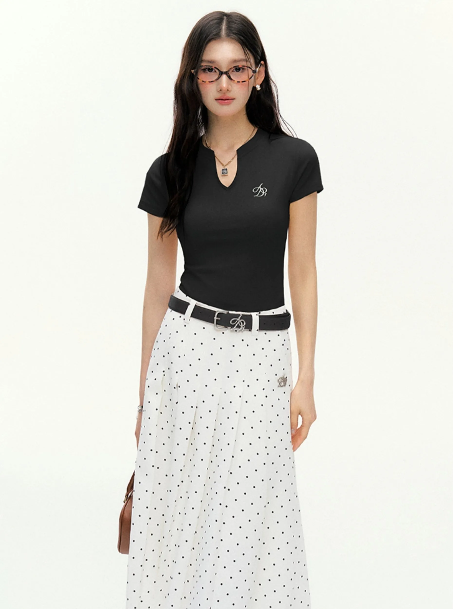 Keyhole Neckline Fitted Tee: Short Sleeve Logo Embroidered Top