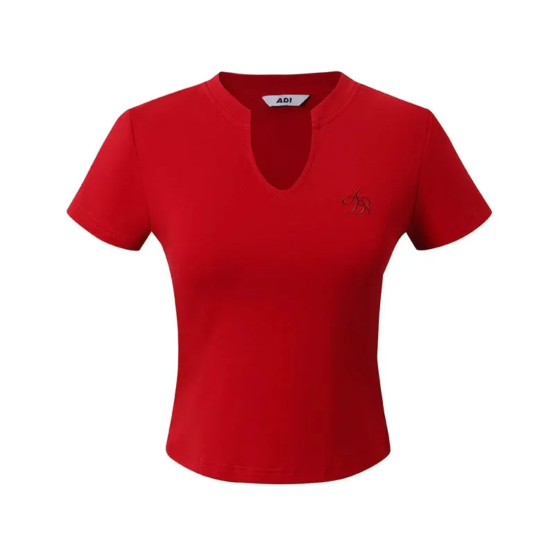 Keyhole Neckline Fitted Tee: Short Sleeve Logo Embroidered Top