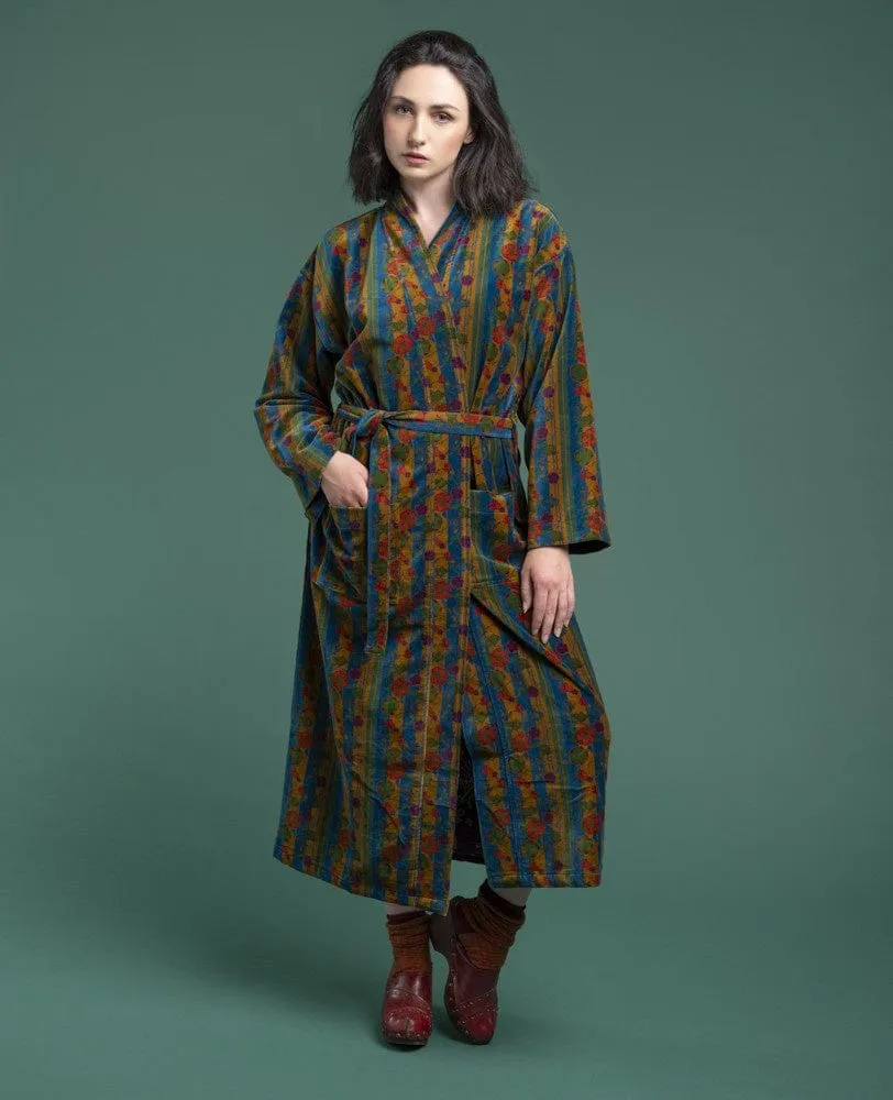 Les Touristes Velvet Dressing Gown Kensington Dk Green Yellow