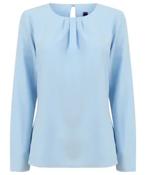 Light Blue - Women's pleat front long sleeve blouse