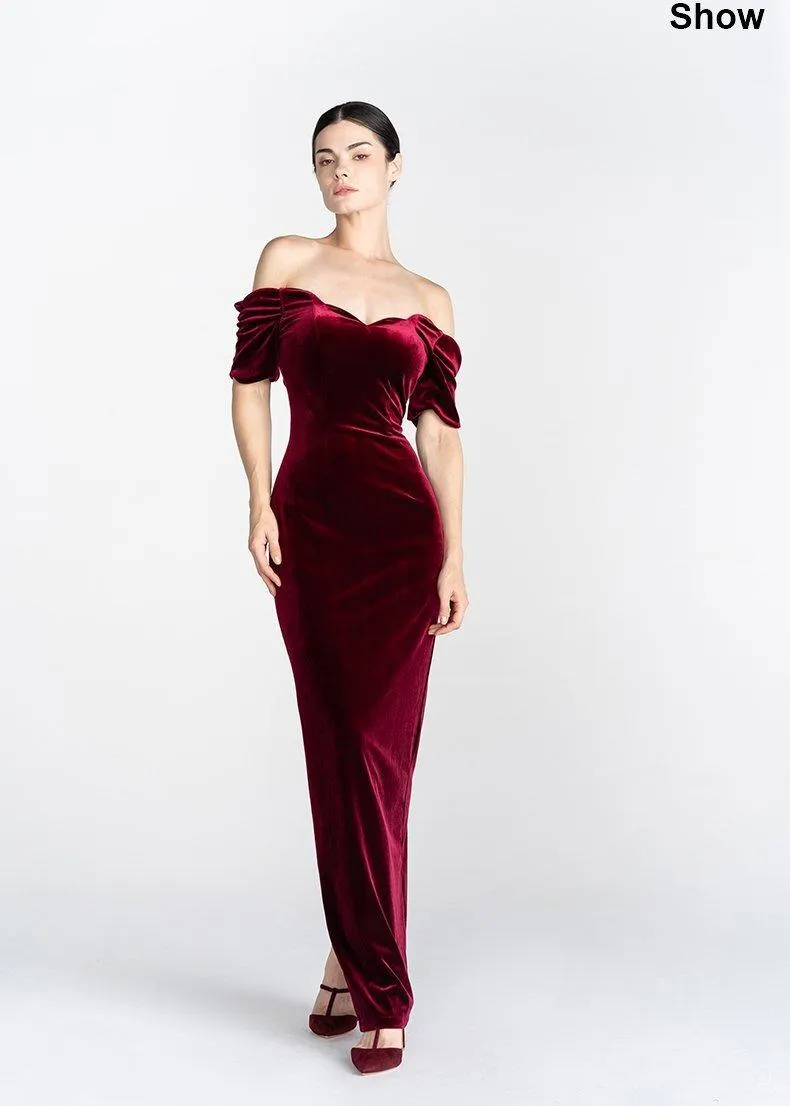 Light Luxury Retro Velvet  off Shoulder Short Sleeve Wine Red evening prom Dress - Reda