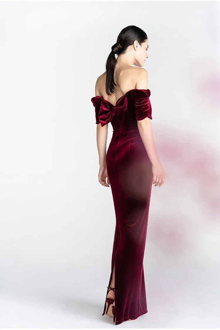 Light Luxury Retro Velvet  off Shoulder Short Sleeve Wine Red evening prom Dress - Reda