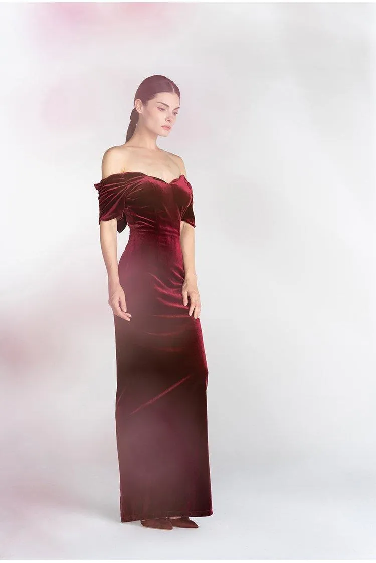 Light Luxury Retro Velvet  off Shoulder Short Sleeve Wine Red evening prom Dress - Reda