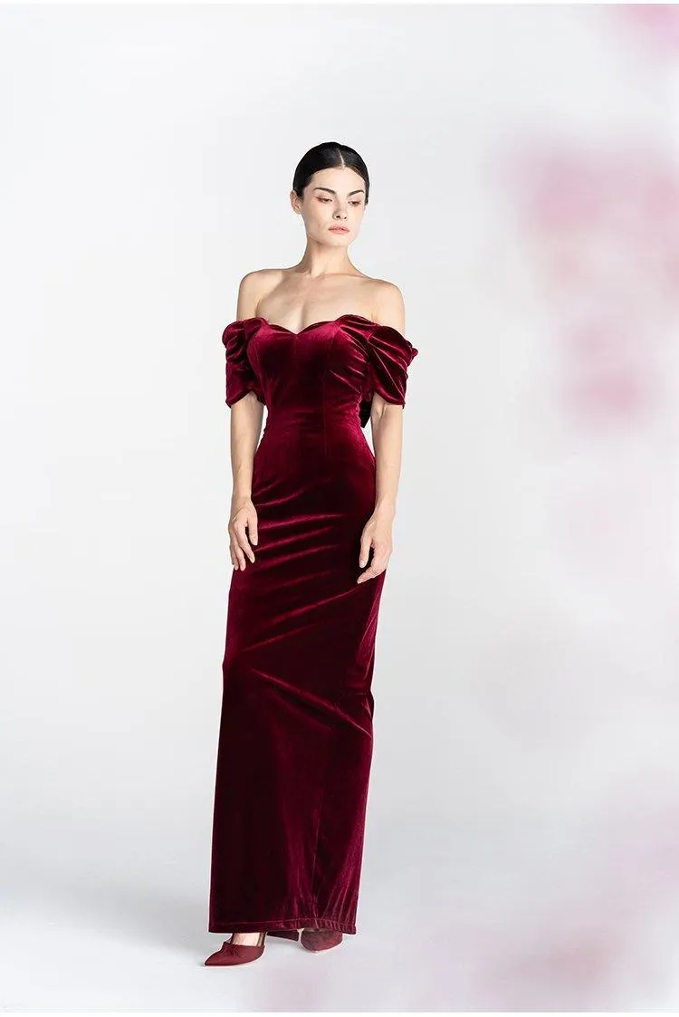 Light Luxury Retro Velvet  off Shoulder Short Sleeve Wine Red evening prom Dress - Reda