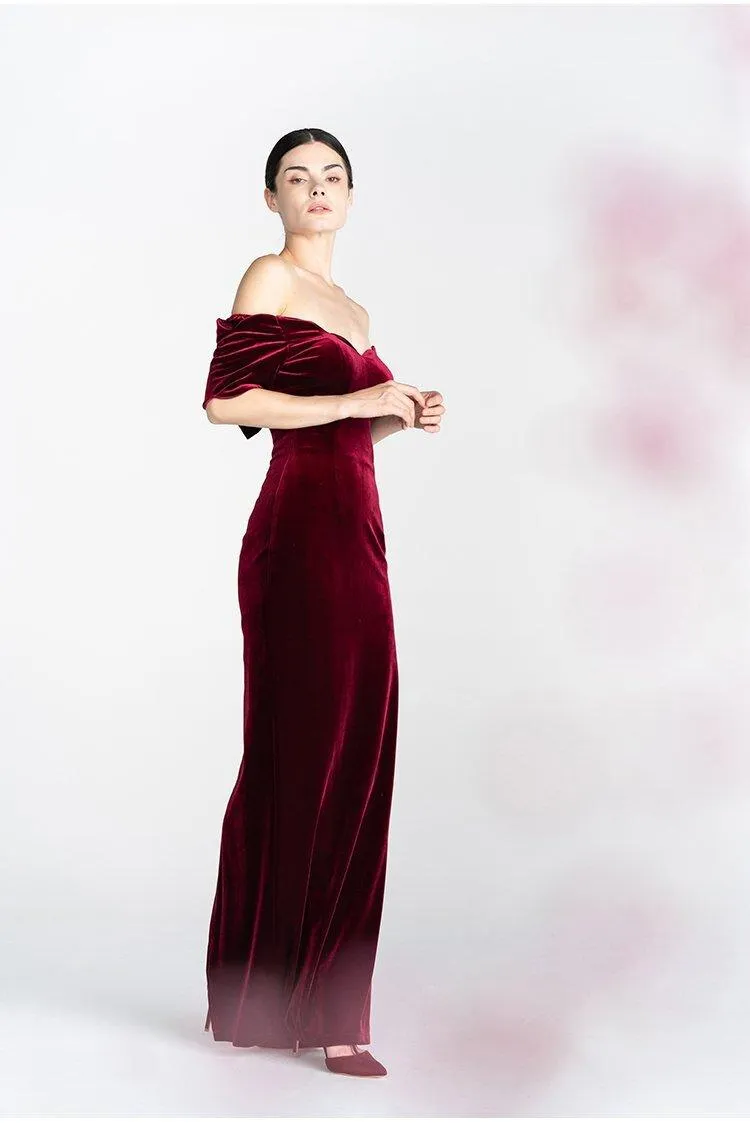 Light Luxury Retro Velvet  off Shoulder Short Sleeve Wine Red evening prom Dress - Reda