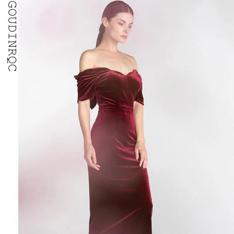 Light Luxury Retro Velvet  off Shoulder Short Sleeve Wine Red evening prom Dress - Reda