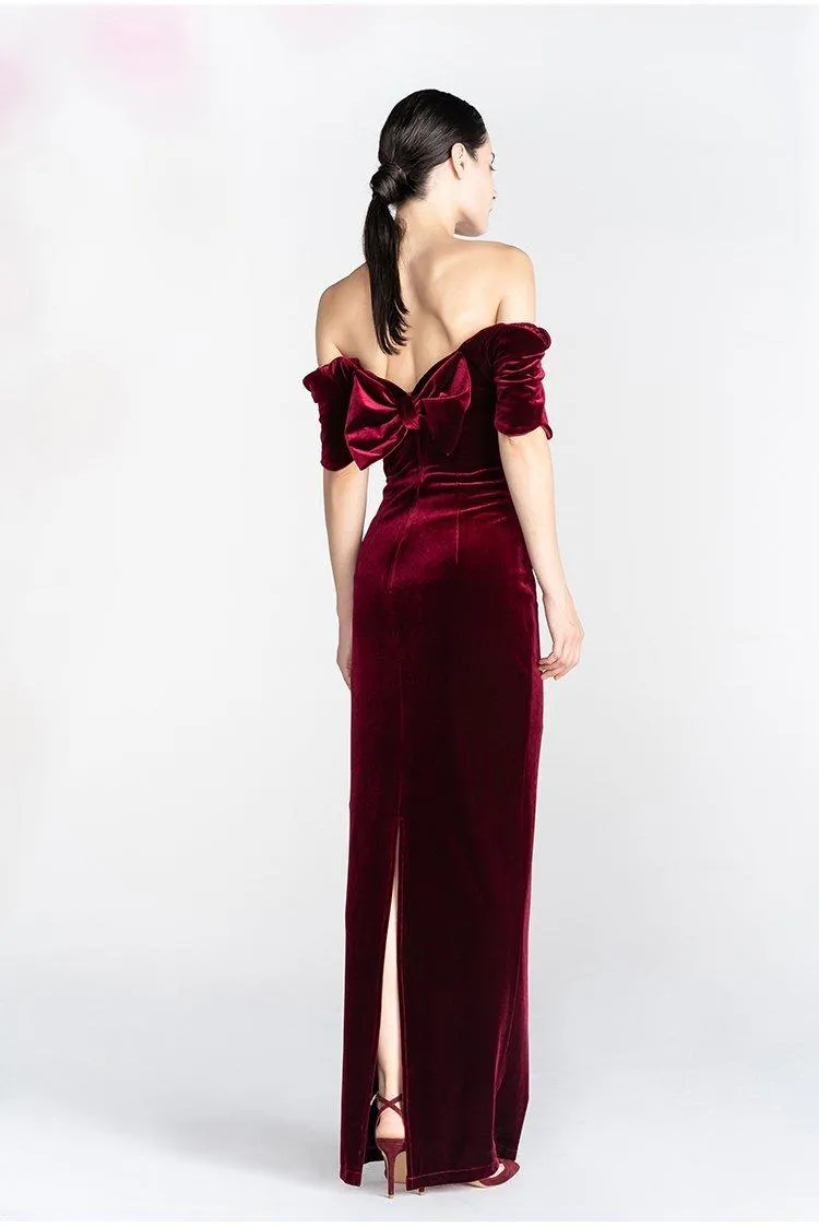 Light Luxury Retro Velvet  off Shoulder Short Sleeve Wine Red evening prom Dress - Reda