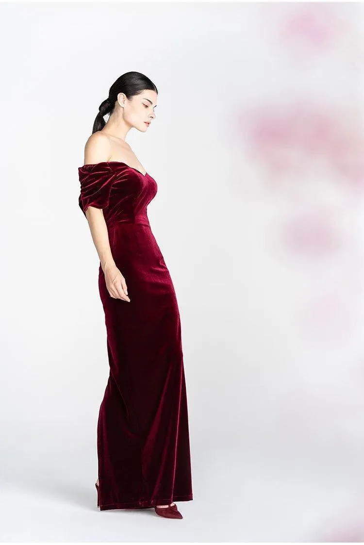 Light Luxury Retro Velvet  off Shoulder Short Sleeve Wine Red evening prom Dress - Reda