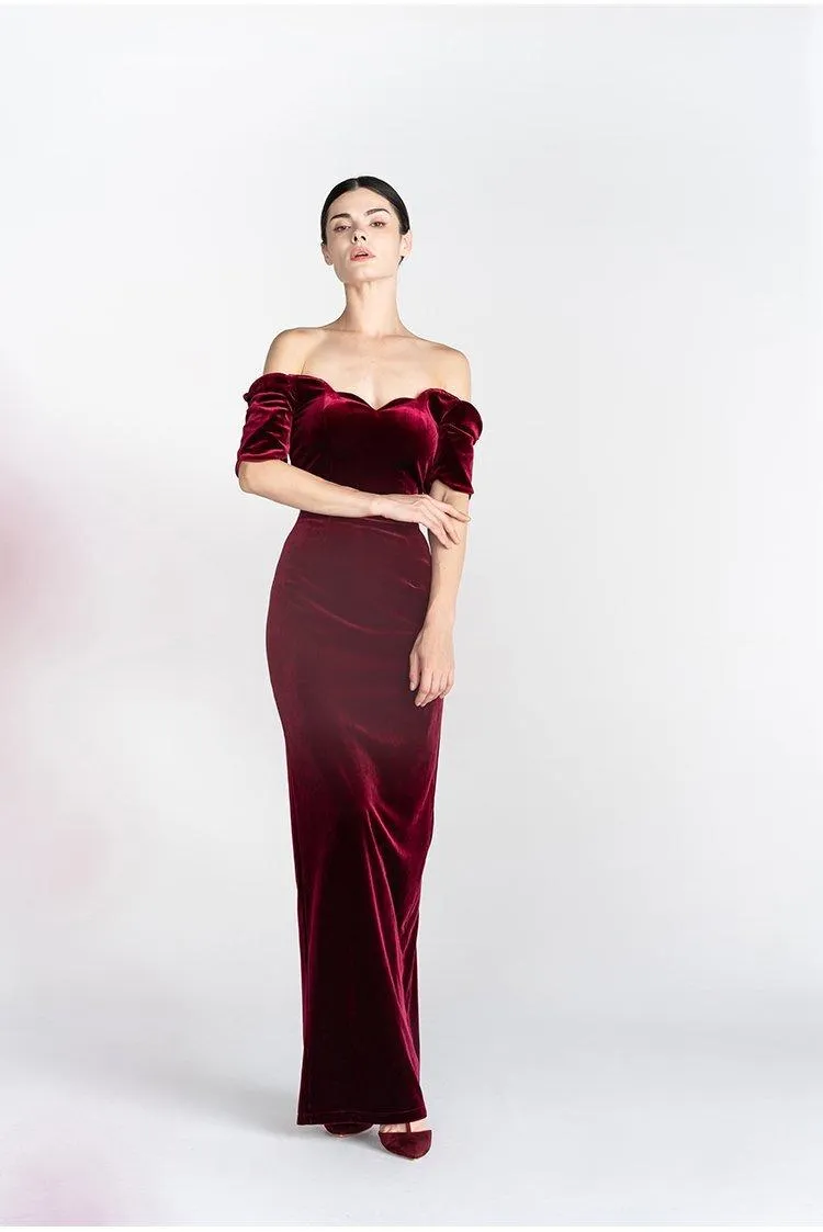 Light Luxury Retro Velvet  off Shoulder Short Sleeve Wine Red evening prom Dress - Reda