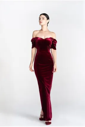 Light Luxury Retro Velvet  off Shoulder Short Sleeve Wine Red evening prom Dress - Reda