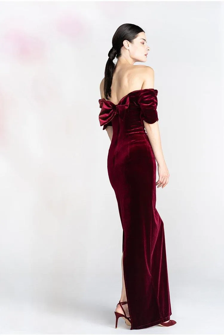 Light Luxury Retro Velvet  off Shoulder Short Sleeve Wine Red evening prom Dress - Reda